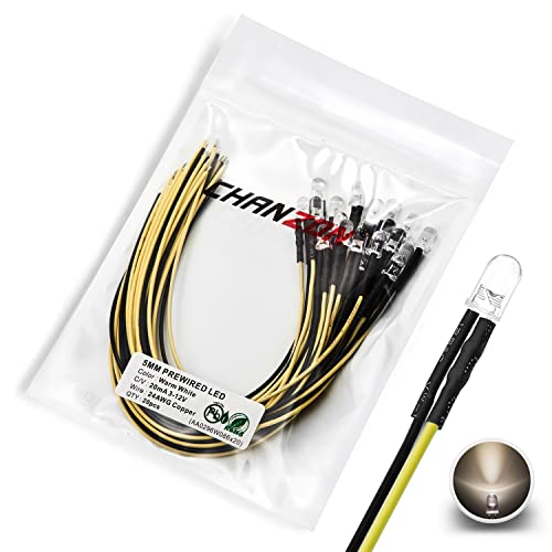 CHANZON 20 pcs Pre-Wired 5mm Warm White LED Diode Lights (DC 12V) - color: J) Warm-white (20pcs)