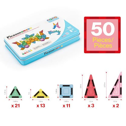 PicassoTiles Nano Magnetic Tiles Travel Set with Storage Tin, Kids Ages 3+ - color: 50pcs Mini With Case