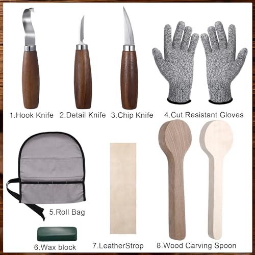 Gisafai 15 Pcs Spoon Carving Kit, Wood Whittling Kit, Spoon Blank and Knife