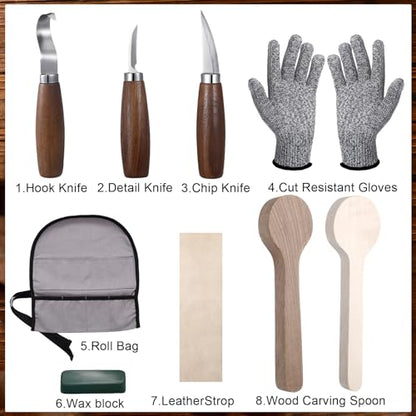 Gisafai 15 Pcs Spoon Carving Kit, Wood Whittling Kit, Spoon Blank and Knife