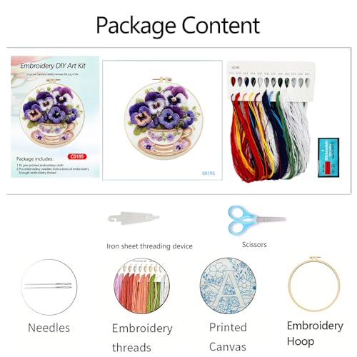 Needlework Embroidery Kit for Beginners,Pansy Pattern Handmade Cross Stitch Sewing Craft Kit with Pre-Stamped Patterns,7.87 inch Hoop,Floss & Needles for Craft Lover Birthday Gifts 11.41x11.41in - color: Pansy