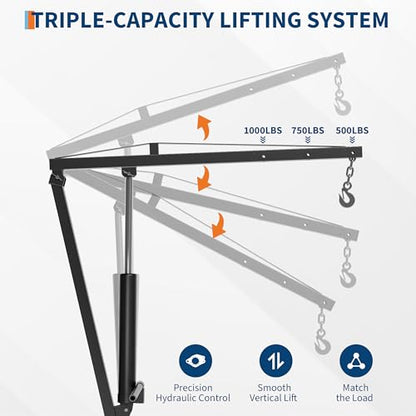 GarveeTech Heavy Duty 1000 Lbs Truck Crane, Hydraulic Hitch Mounted Hoist with 360 Degree Swivel Boom, Adjustable 3-Position Load Capacity for Farm, Construction & Engine Lifting - color: Black