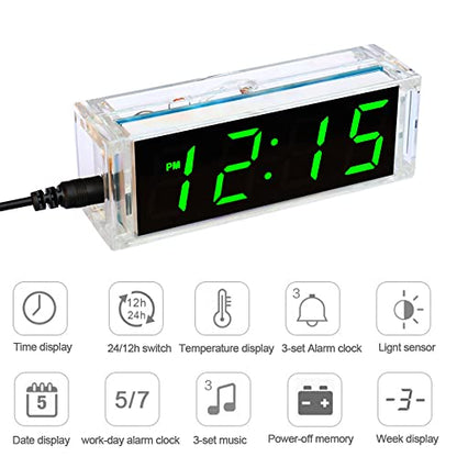 DIY Electronic Clock Kit 4 Digital Tube Green LED Time Week Temperature Date Display with Shell Soldering Project