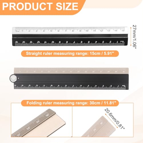 HARFINGTON Folding and Straight Ruler Kit 30/15cm Metric Aluminum Alloy Plastic Protractor Foldable Angle Ruler for Home Classroom Office, Black-Gold - color: Black-Gold