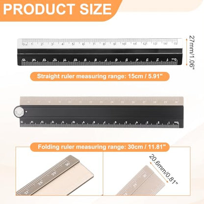 HARFINGTON Folding and Straight Ruler Kit 30/15cm Metric Aluminum Alloy Plastic Protractor Foldable Angle Ruler for Home Classroom Office, Black-Gold - color: Black-Gold