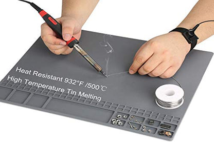 Anti-Static Mat Work Mat Repair Work Mat and 3 Auxiliary Tools, Anti-Static Wrist and Tweezers and Brush 932°F Heat Resistant 15.9” x 12” inch Grey