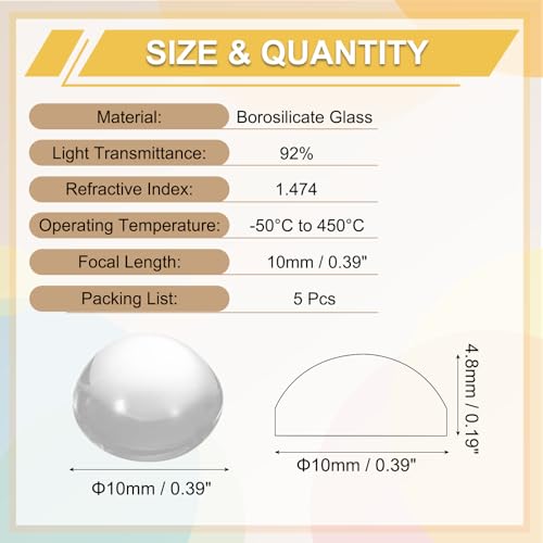 PATIKIL 5 Pack Convex Lens, 10mm OD 10mm Focal Length Optical Lenses - size: 10mm OD x 4.8mm H x 10mm Focal L