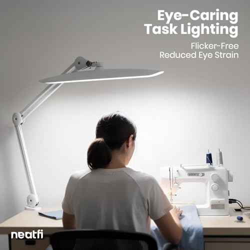 Neatfi XL 2200 Lumens 24W LED Desk Lamp – Shadow-Free Task Lighting | 4-Level Dimming | Home Office & Crafts Use | 20-Inch Wide Head (White, Non-CCT with Clamp) - color: White, size: Non-CCT with Clamp