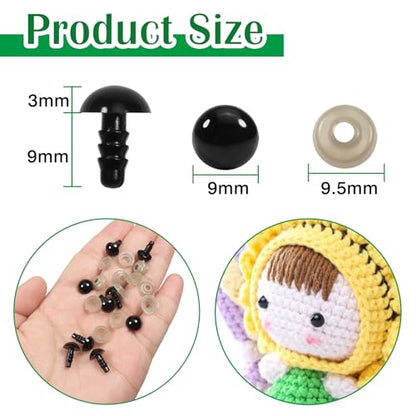 TOAOB 150pcs 9mm Black Plastic Safety Eyes Crafts Safety Eyes with 150pcs Washers for Stuffed Animals Amigurumis Crochet Doll Making - size: 9mm
