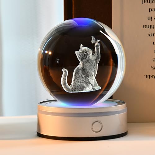 3D Cat Crystal Ball Gifts for Women 80mm Cat Themed Gifts for Girls - color: 3D Cat with Butterfly
