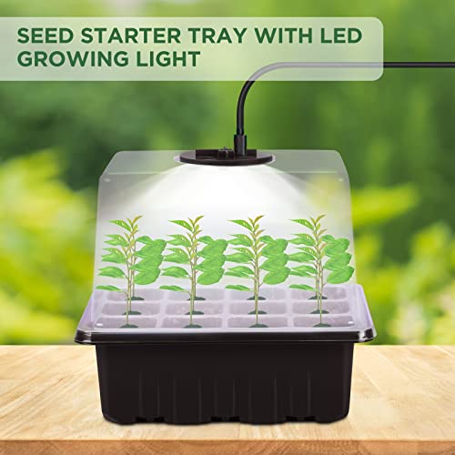 Seed Starter Tray with Light, 6PCS Seed Starter Kit with Grow Light, Seedling Starter Trays with Humidity Domes, Covers Height 3.9", Indoor Gardening Plant Germination Trays - color: Black