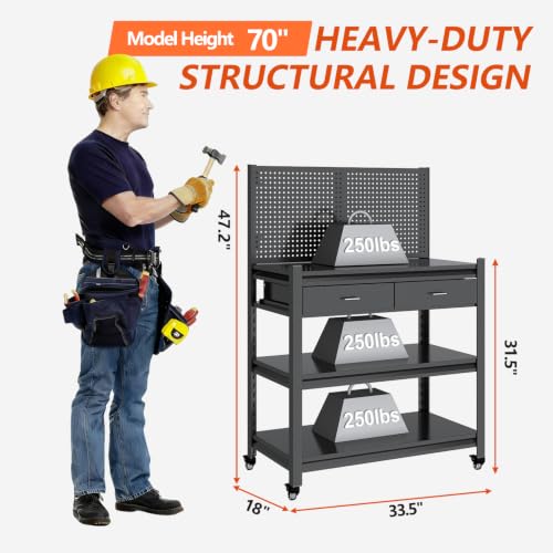 Metal Workbench, Mobile Work Table, Pegboard & Drawer, 2 Pack - size: 47.2"H x 33.5"W x 18"D with Drawers