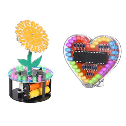 Soldering Learning Kit, ICSTATION Heart Shaped LED Light Soldering Project Light Chasing Sunflower Soldering Practice Kit With RGB LEDDIY Rotating Sunflower Electronic Kit for Teenagers School Student