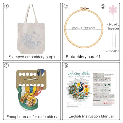Louise Maelys Peacock Flower Embroidery Kit for Beginners Canvas Tote Bag - color: Peacock