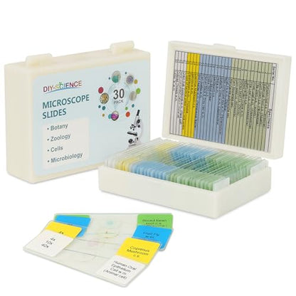Microscope Slides with Specimens for Kids, 30 Lab-Grade Prepared Microscope Slides, Animal Plant Microbe Cells, STEM Biology Kit for Kids Ages 6-8 Homeschool, Classroom Labs & Science Education - size: Ages 6-8