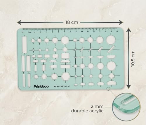 Printtoo 2 mm Acrylic Geometry Combination Template 18 x 10.5 cm, Multi Shape Drawing Stencil Ruler with Circles Rectangles Hexagons Slots for Drafting Design Engineering Architecture Art - color: Series-PRTD-2141