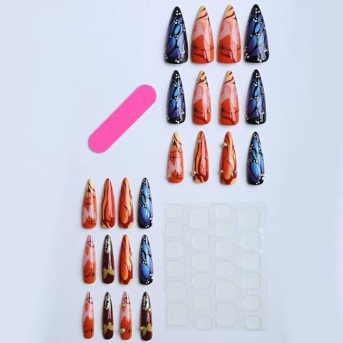Medium Length Press on Nails Almond Fake Nails Butterfly False Nails with 3D Charms Designs 24Pcs Natural Reusable Acrylic Nails for Women Girls - color: Style31