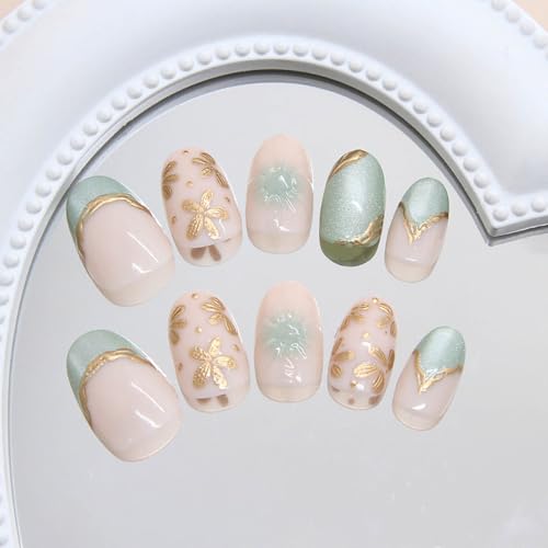 3D French Tip Press on Nails Medium Almond Green Glitter Fake Nails Flowers False Nails with Designs Full Cover Almond Shaped Acrylic Nails Press ons Summer Stick on Nail for Women 24Pcs - color: Style14
