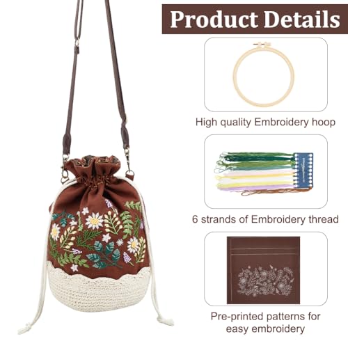 FREEBLOSS 10.6x5.5'' Embroidery Bucket Bag Flower Style Embroidery Kit with Instruction Cotton Embroidery Starter Kit for Beginners Adults