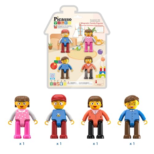 PicassoTiles 4pcs Magnetic Family Action Figures Toddler Magnet Toy Expansion Pack Educational Add-on STEM Learning Kit Toys Pretend Playset for Construction Building Block Tile for Kids Age 3+ PTA01 - color: Red