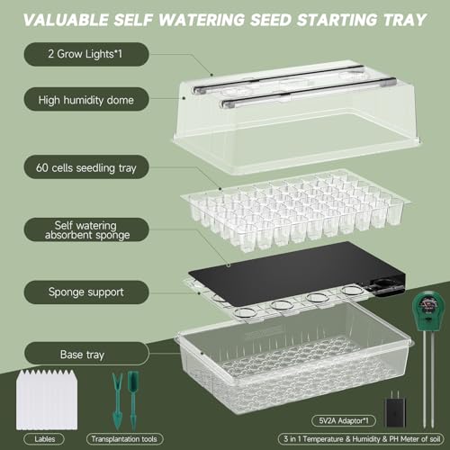 Adawook Self-Watering Seed Starter Tray with Grow Lights, Seed Starter Kit, Full Spectrum Grow Light for Seed Starting, Timing Set, Germination Tray Grow Kits with High Humidity Domes