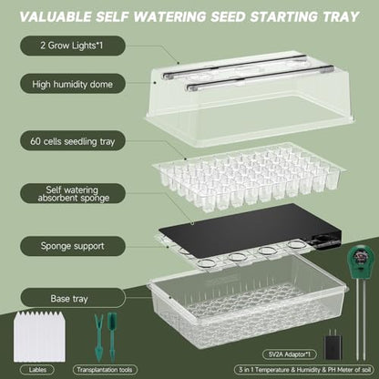 Adawook Self-Watering Seed Starter Tray with Grow Lights, Seed Starter Kit, Full Spectrum Grow Light for Seed Starting, Timing Set, Germination Tray Grow Kits with High Humidity Domes