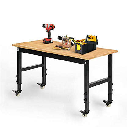 Betterhood 48" Heavy-Duty Adjustable Workbench for Garage, Rubber Wood Shop Table W/Metal Wheels, Hardwood Workstation Weight Capacity Over 2000 Lbs with Wheels - size: Metal Wheels / 48"x23.6"x39"