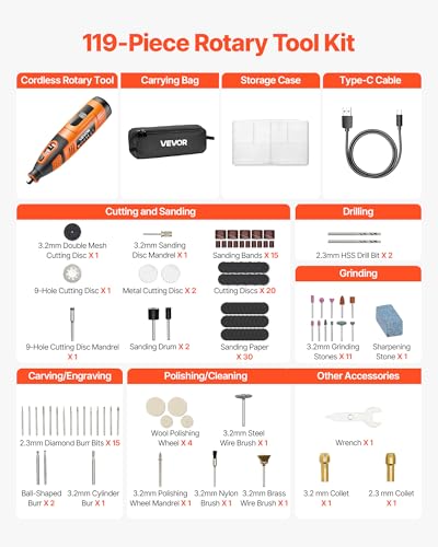 VEVOR 119-Piece Cordless Rotary Tool Kit, DC12V Portable Mini Power Rotary Tool, 28-Level Speed 5000-32000 RPM Multi-Purpose DIY Tools for Engraving, Sanding, Polishing, Carving, Cutting, DIY Crafts - style: 119PCS