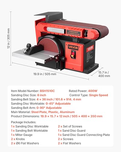 VEVOR 6" Disc Sander & 4" x 36" Belt Sander, 400W Professional Belt Disc Sanders Combo with 0-45° Adjustable Worktable & Dust Collection Port for Woodworking, Knife Sharpening, DIY Crafting - size: 6" Disc & 4" x 36" Belt Sander Combo