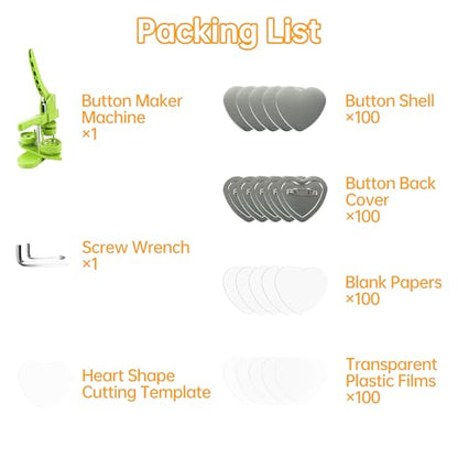 Heart Button Maker Machine DIY Gift, Installation-Free Button Maker Press Machine, Pin Button Making Machine with Free 100 Sets Heart Button Making Supplies(Green) - size: Heart