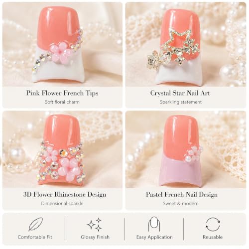 Cute Pink Press on Nails Short Duck Cherry Blossom, Size S - color: Cherry Blossom Whisper, size: S