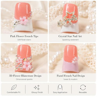 Cute Pink Press on Nails Short Duck Cherry Blossom, Size S - color: Cherry Blossom Whisper, size: S