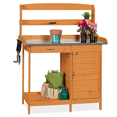 Best Choice Products Outdoor Garden Wooden Potting Bench Work Station w/Metal Table Top, Pre-Stained Finish, Cabinet, Sliding Drawer, Large Bottom Shelf - Brown