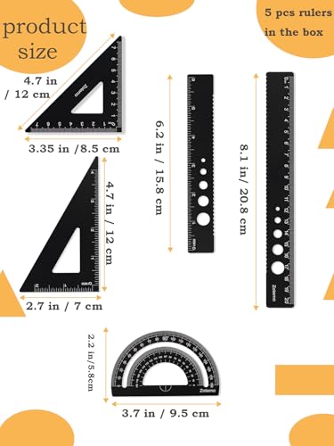 Metal Geometry Set, 5-piece Aluminum Ruler, Math Drafting Ruler Kit Includes Protractor, Triangle Rulers, Straight Rulers-Math Measurement Tools for School and Office Supplies (Black) - color: Black