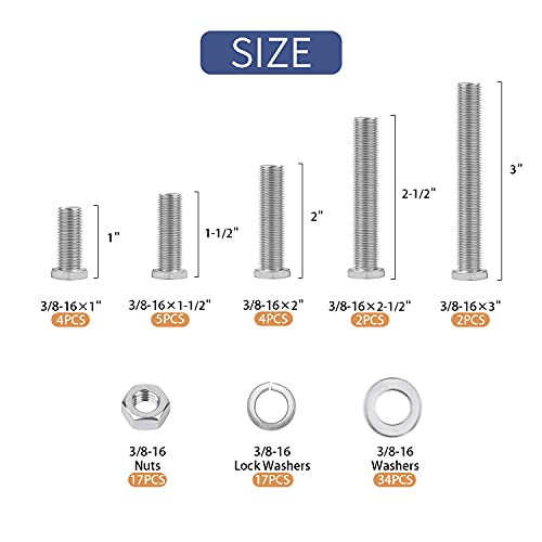 85PCS Nuts and Bolts 3/8-16 x 1”, 1-1/2”, 2”, 2-1/2”, 3” Carbon Steel Hex Nuts and Bolts Assortment Kit Hardware Screws Assortment Kit (5 Different Sizes) - size: 3/8-16 (85 Pcs)