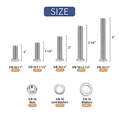 85PCS Nuts and Bolts 3/8-16 x 1”, 1-1/2”, 2”, 2-1/2”, 3” Carbon Steel Hex Nuts and Bolts Assortment Kit Hardware Screws Assortment Kit (5 Different Sizes) - size: 3/8-16 (85 Pcs)
