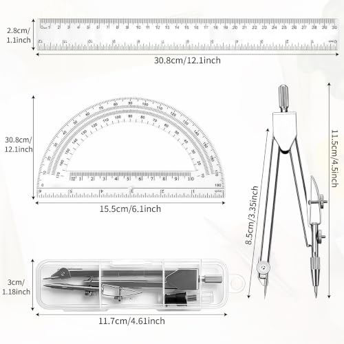3 Packs Plastic 12 Inch Ruler-6 Inch Clear Protractor Drawing Compasses Set, Student Geometry Math Transparent Measuring Tools for Home School Classroom Office Supplies
