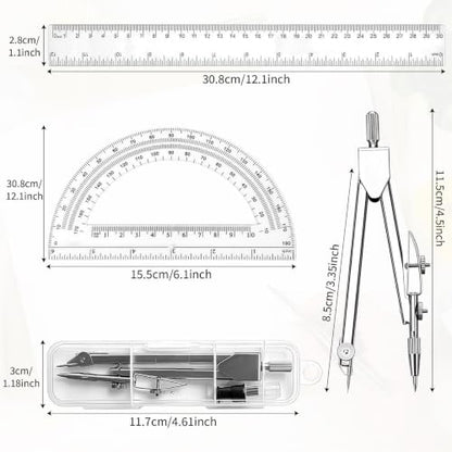 3 Packs Plastic 12 Inch Ruler-6 Inch Clear Protractor Drawing Compasses Set, Student Geometry Math Transparent Measuring Tools for Home School Classroom Office Supplies