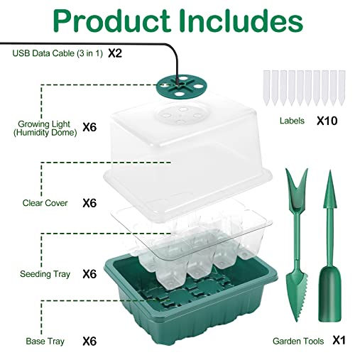 Seed Starter Tray with Light, 6PCS Seed Starter Kit with Grow Light, Seedling Starter Trays with Humidity Domes, Covers Height 3.9", Indoor Gardening Plant Germination Trays (12 Cells per Tray)