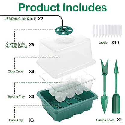 Seed Starter Tray with Light, 6PCS Seed Starter Kit with Grow Light, Seedling Starter Trays with Humidity Domes, Covers Height 3.9", Indoor Gardening Plant Germination Trays (12 Cells per Tray)
