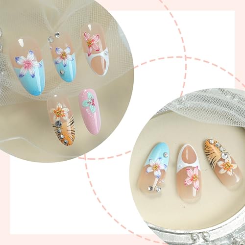 3D French Tips Fake Acrylic Nails Medium Press on Nails Almond Handmade Glue on Nails with Cute Flowers and Water Ripples Designs Press on False Nails Glossy Stick on Nail for Women 24pcs - color: Style11