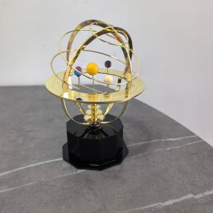 Rotating Solar System Metal Ornament - Handcrafted Orrery Model with 5 Planets, Educational Desk Decor for Astronomy Enthusiasts, Home & Office Decoration (Black)