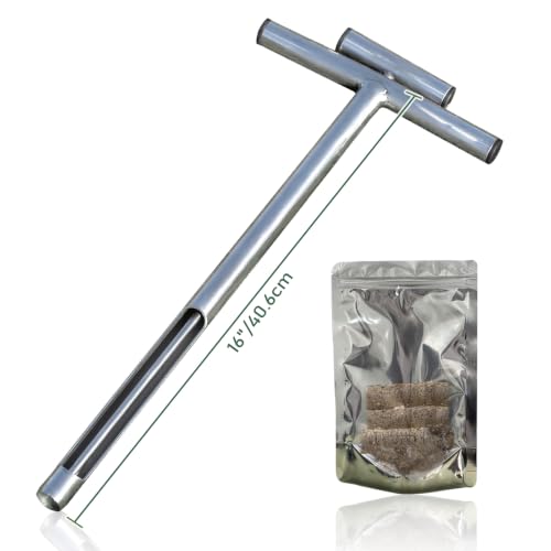 Soil Probe 16 Inch with 2 Bags, Soil Sample Probe with Ejector for Lawn House Plants, T-Handle Soil Sampler Probe Rod, Stainless Steel Soil Test Kits Tool for Soil Sampling - size: 16" With Ejector