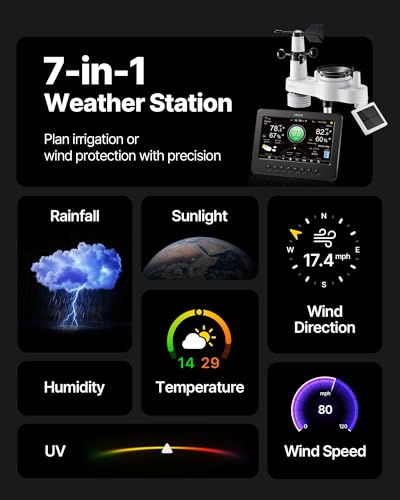VEVOR 7-in-1 Wi-Fi Weather Station, 7-Inch TFT Display, Wireless Solar Powered Outdoor Sensor, Rain Gauge, Indoor Outdoor for Weather Forecast, Wind Speed Direction, Temperature, Humidity, Rainfall - style: Classic