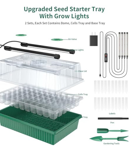 Seed Starter Tray, 120-Cells Seed Starter Kit with Grow Light, 2 Pack Reusable Seeding Starter Trays with Air Vent Humidity Domes for Greenhouse Gardening Indoor Planting Growing (Green Base)