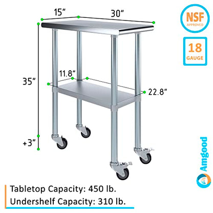 AmGood 30 in. x 15 in. Stainless Steel Work Table with Wheels | Metal Kitchen Food Prep Table | NSF - size: 15 in. Long x 30 in. Deep with Wheels