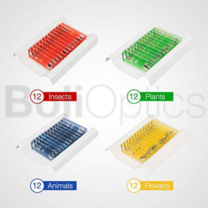BoliOptics 48 Pcs Kids Plastic Prepared Microscope Slides of Animals Insects Plants Flowers Sample Zoological Botanical Biology Specimen Set for Students Hobbyists Beginners Kids Homeschool SL39901014