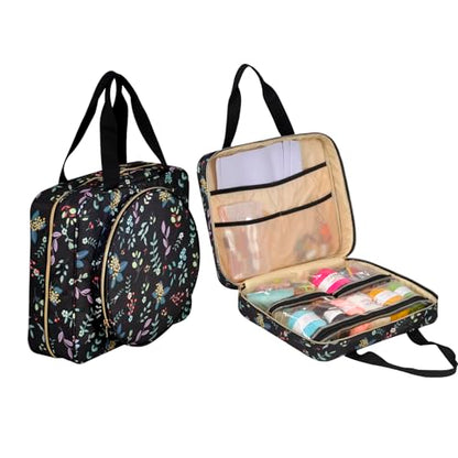 Portable Square Cross Stitch Starter Kits Bag Embroidery Project Bag Embroidery Tool Storage Tote Bag with Multifunctional Pockets, Bag Only (Black Leaves) - color: Black Leaves