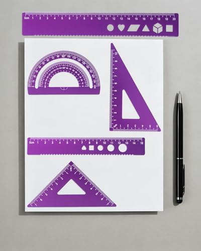 5 Pcs Metal Geometry Set, Math Drafting Ruler Kit- Aluminum Triangle Rulers, Protractor, 8 Inch and 6 Inch Drawing Ruler, Measuring Tool for School and Office Supplies (Purple) - color: Purple