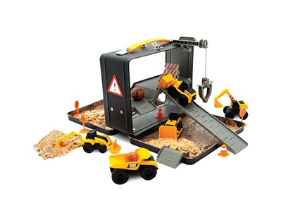 CAT Construction Toys, Store N Go Playset - Tin Travel Case Transforms into Multi-Level Worksite, Includes 2 Little Machines Vehicles & 10 + Accessories, Portable STEM Toy for Kids Ages 3 + - style: Compound Store N Go Playset